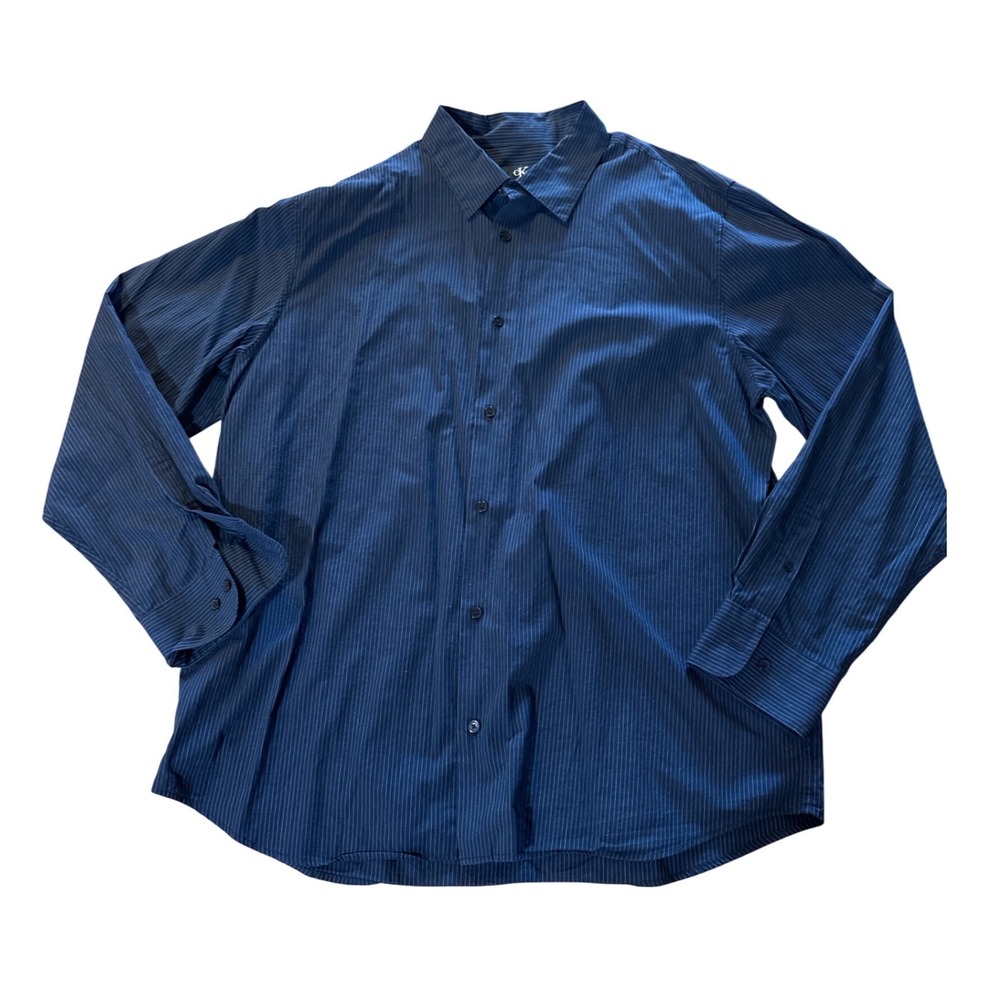Calvin Klein Mens Navy Blue Pinstripe Button Down Shirt XL 100% Cotton RN 36543